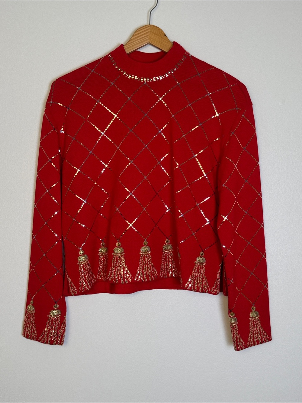 St John Evening Marie Gray Red Gold Sequin Lattice Tassel Knit Sweater Vintage 4